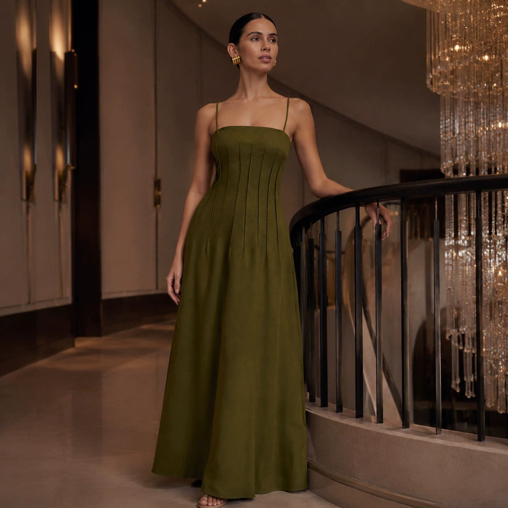 Zara Olive Green Spaghetti Strap Pleated Waist Maxi Dress - Picture 6 of 6